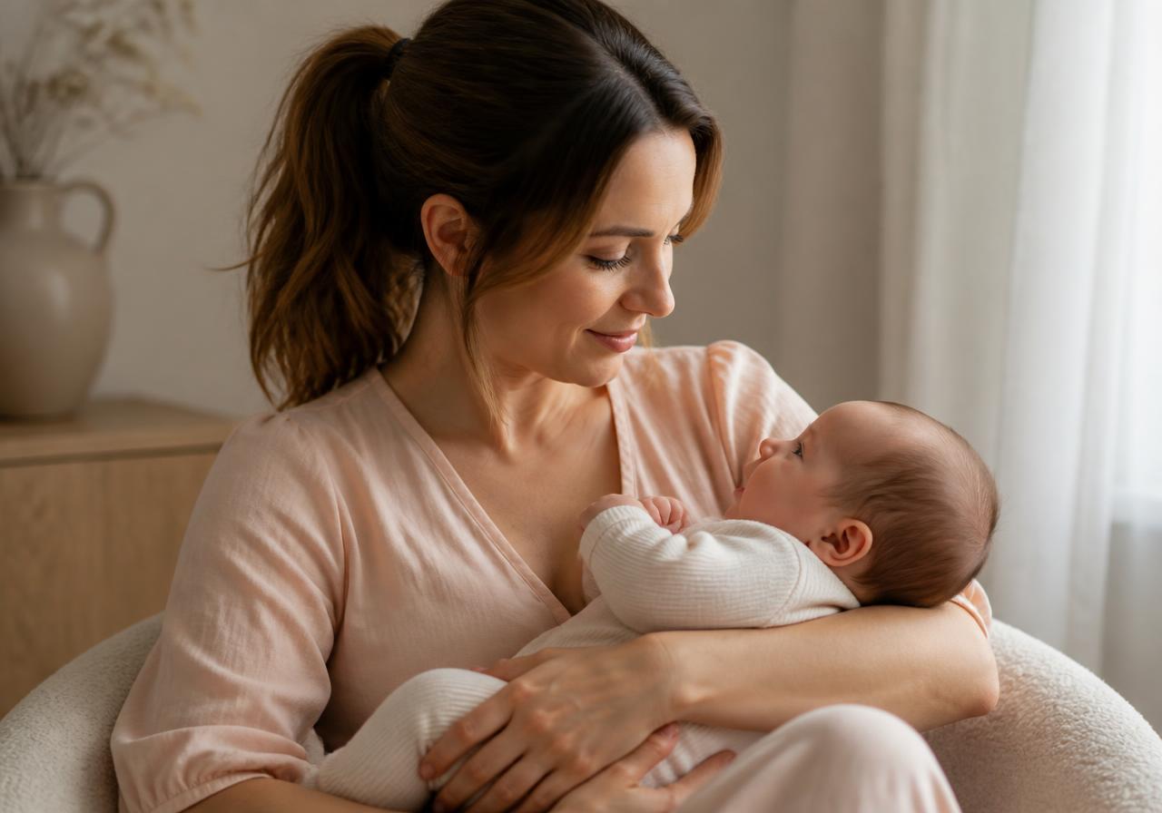 Mãe tranquila com o bebê no colo depois do desmame conduzido com calma